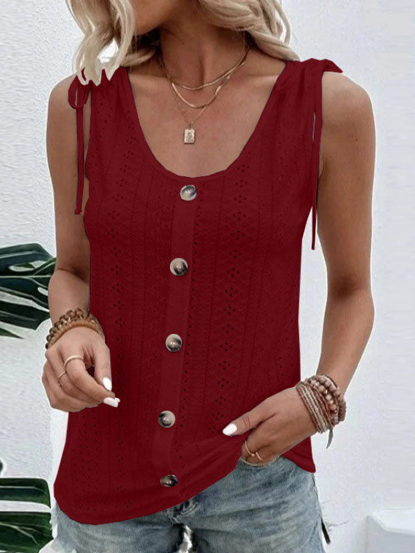 Loose Plus Size Buttoned Hollow Pleated Split-Joint Tied U-neck Vest Top
