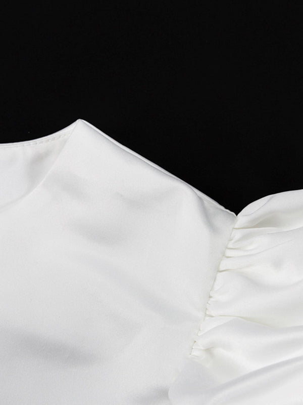 Loose Puff Sleeves Hollow Solid Color Split-Joint Round-Neck Blouses