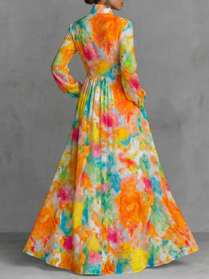 A-Line Long Sleeves Buttoned Contrast Color Pleated Pockets Printed Lapel Maxi Dresses Shirt Dress