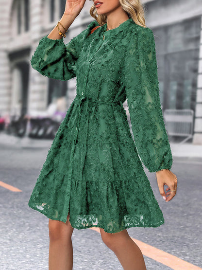 A-Line Long Sleeves Buttoned Elasticity Jacquard Pleated Solid Color Tied Waist Stand Collar Mini Dresses