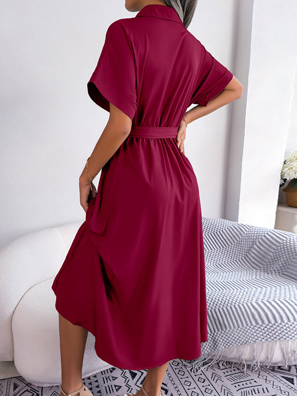 Loose Short Sleeves Solid Color Split-Joint Tied Waist Lapel Midi Dresses Shirt Dress