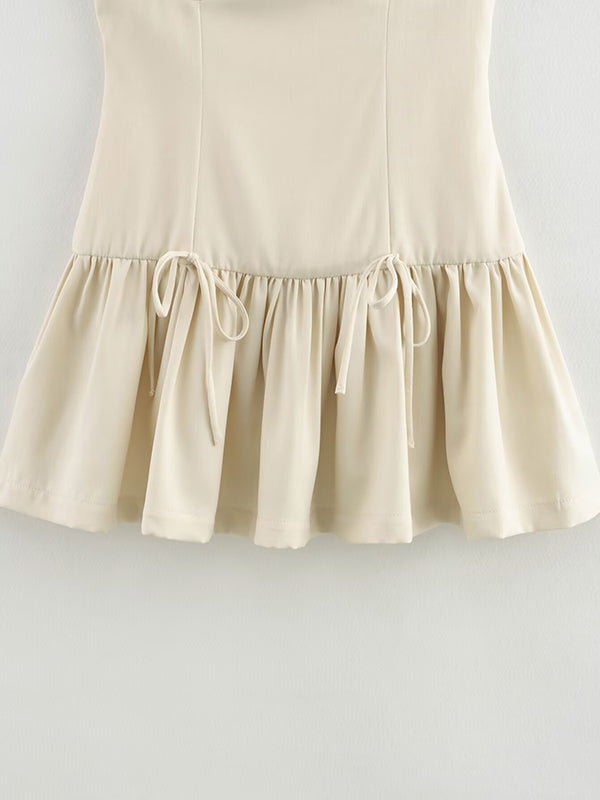 A-Line Loose Pleated Solid Color Split-Joint Zipper Round-Neck Mini Dresses