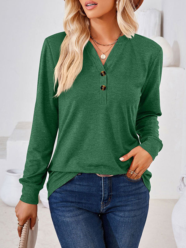 Long Sleeves Loose Split-Joint V-Neck T-Shirts