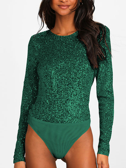 Long Sleeves Skinny Backless Sequined Split-Joint Round-Neck Bodysuits