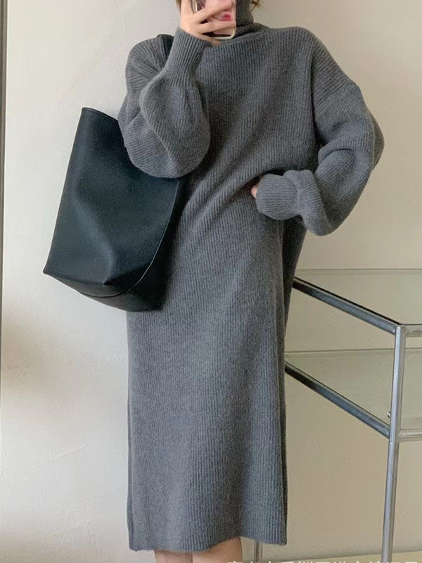 Long Sleeves Loose Solid Color High Neck Midi Dresses Sweater Dresses