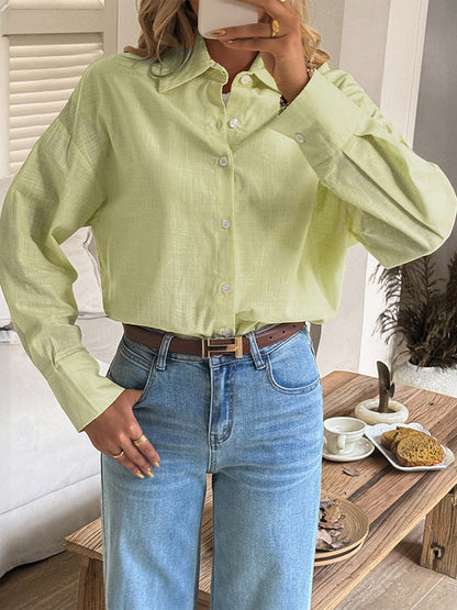 Long Sleeves Loose Buttoned Solid Color Lapel Blouses&Shirts Tops