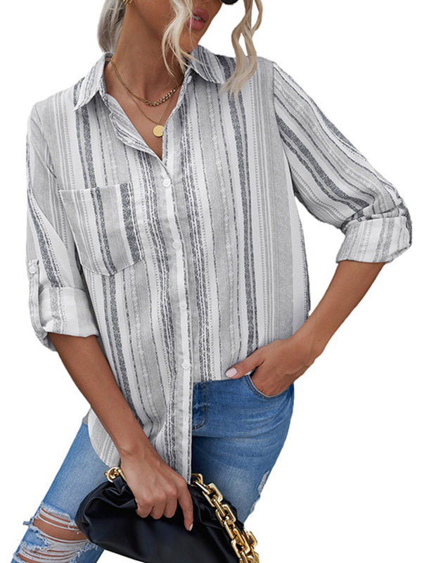 High-Low Long Sleeves Buttoned Pockets Striped Lapel Blouses&Shirts Tops