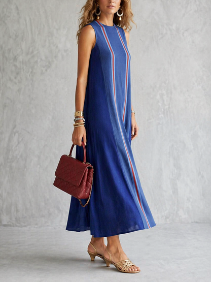 Loose Sleeveless Contrast Color Striped Round-Neck Midi Dresses