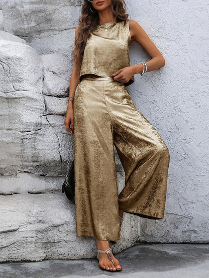Loose Sleeveless Hollow Shiny Split-Joint Round-Neck Vest Top + Pants Bottom Two Pieces Set