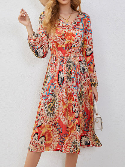 A-Line Bishop Sleeve Elasticity Flower Print Pleated V-Neck Midi Dresses