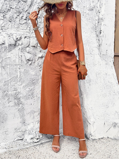 Loose Sleeveless Buttoned Solid Color V-Neck Vest Top + Pockets Elasticity Two Pieces Set
