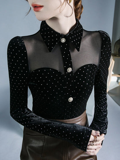 Long Sleeves Skinny Buttoned Polka Dot Split-Joint Lapel T-Shirts Tops