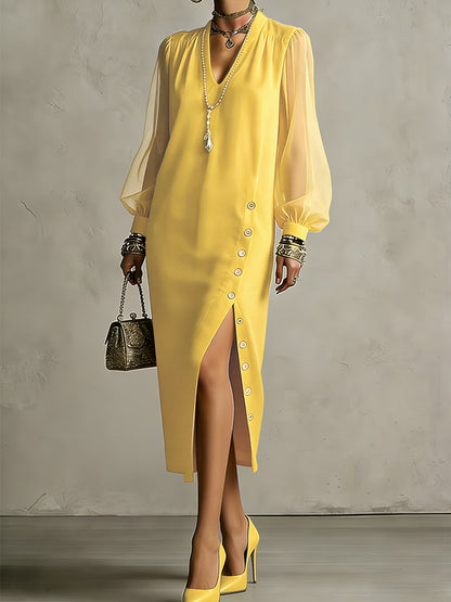 Long Sleeves Puff Sleeves Buttoned Pleated Pockets Solid Color Split-Side V-Neck Midi Dresses