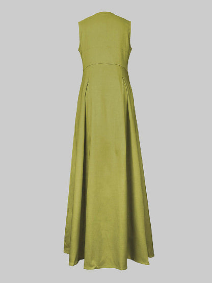 A-Line Loose Pleated Pockets Split-Joint Zipper Round-Neck Maxi Dresses