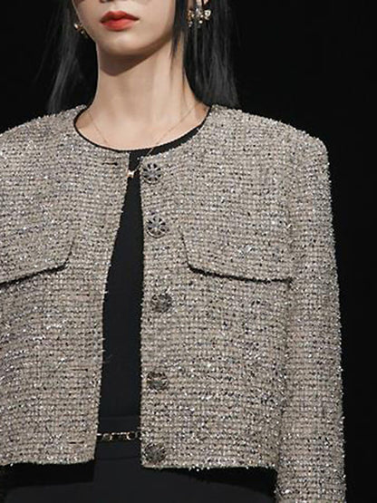 Long Sleeves Loose Buttoned Pockets Weave Round-Neck Outerwear