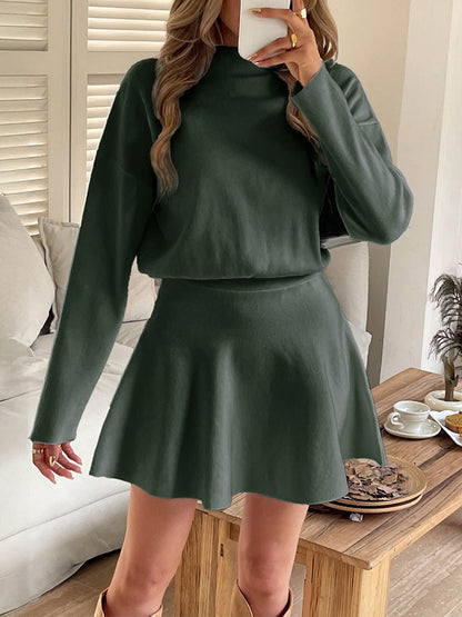 A-line High Waisted Elasticity Solid Color Round-neck Mini Dresses Sweater Dresses