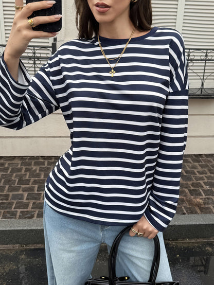 Striped Long Sleeves Bloomers Round-neck Sweatshirt Tops