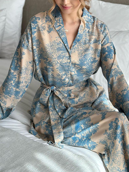 Long Sleeves Buttoned Printed Tied Waist Notched Collar Shirts Top + High Waisted Pants Bottom Two Pieces Set