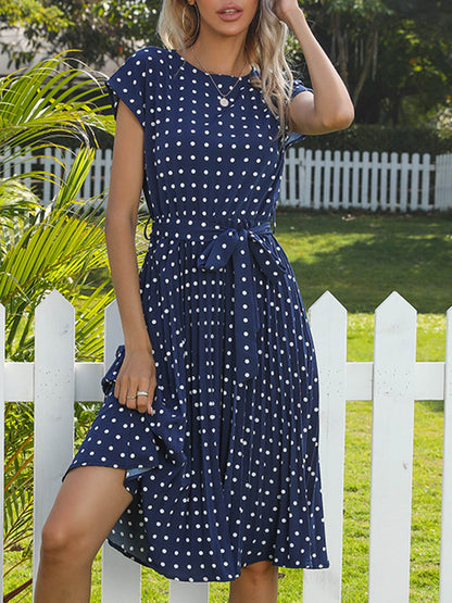 A-Line Cap Sleeve Buttoned Contrast Color Pleated Polka-Dot Split-Joint Tied Waist Round-Neck Midi Dresses