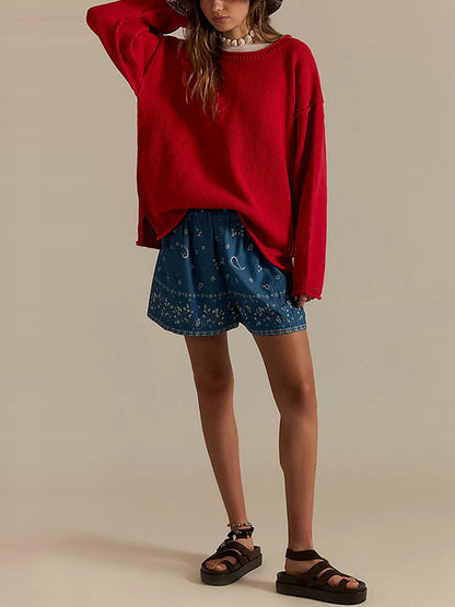Long Sleeves Loose Solid Color Split-Joint Round-Neck Sweater Tops
