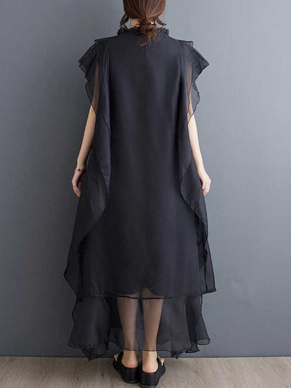 A-Line Ruffle Sleeves Pleated Solid Color Split-Joint Round-Neck Midi Dresses