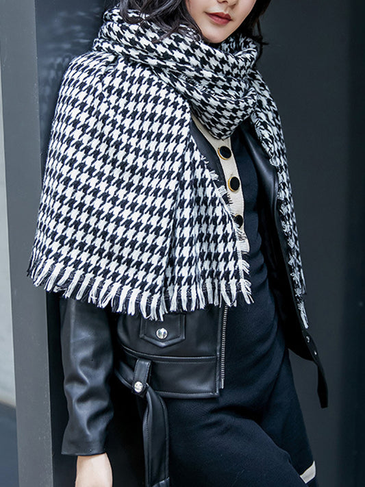 Fringed Houndstooth Keep Warm Shawl&Scarf