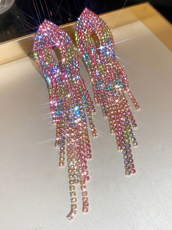 Gradient Hollow Rhine Stones Tasseled Drop Earrings