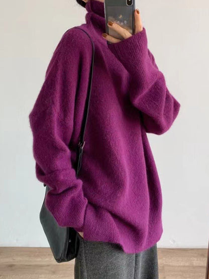 Long Sleeves Loose Solid Color Split-Side High-Neck Knitwear Pullovers Sweater Tops