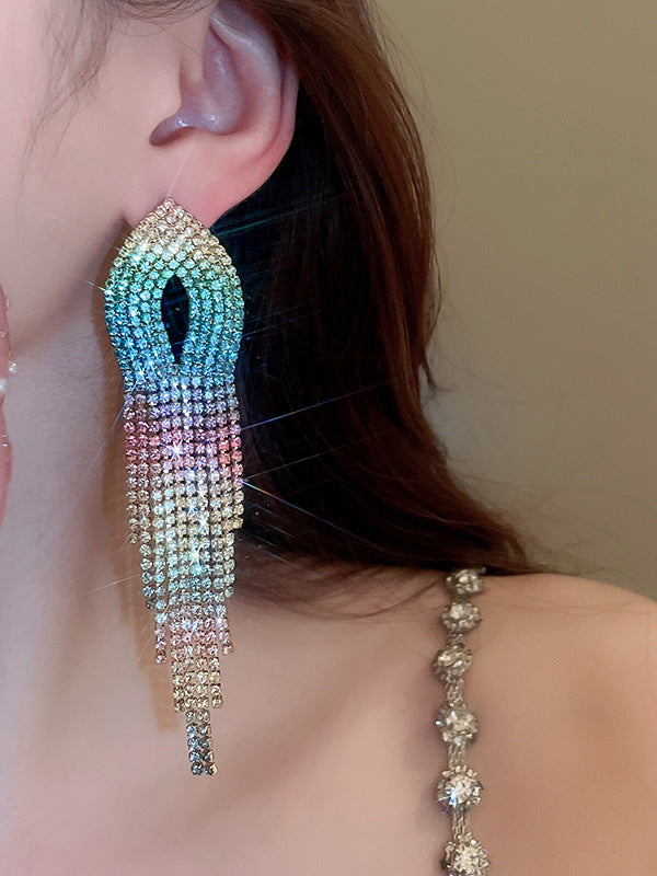 Gradient Hollow Rhine Stones Tasseled Drop Earrings
