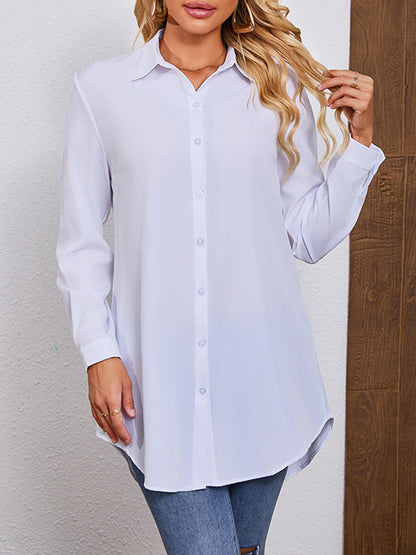 Long Sleeves Loose See-Through Solid Color Split-Joint Lapel Blouses