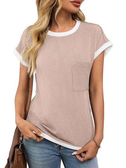 Loose Short Sleeves Colorful Contrast Color Pockets Round-neck T-Shirts Tops