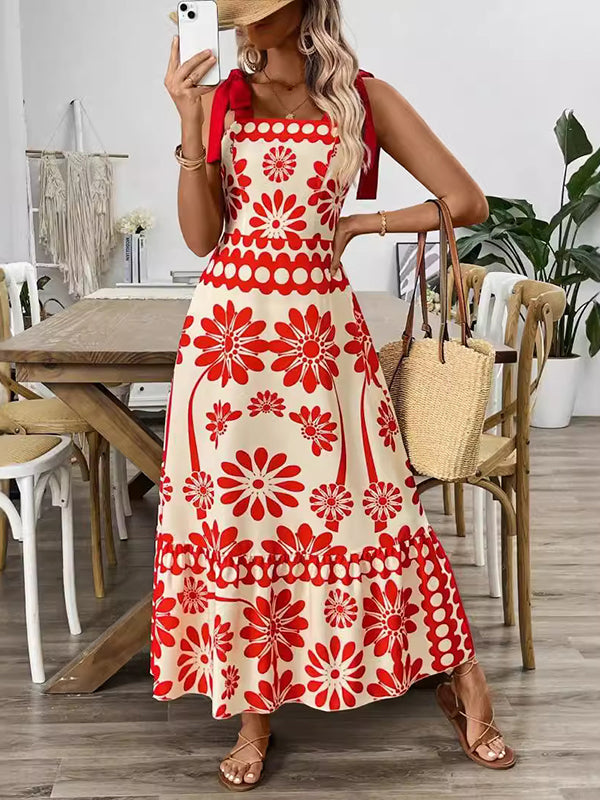 A-Line Loose Elasticity Flower Print Pleated Tied Spaghetti-Neck Midi Dresses