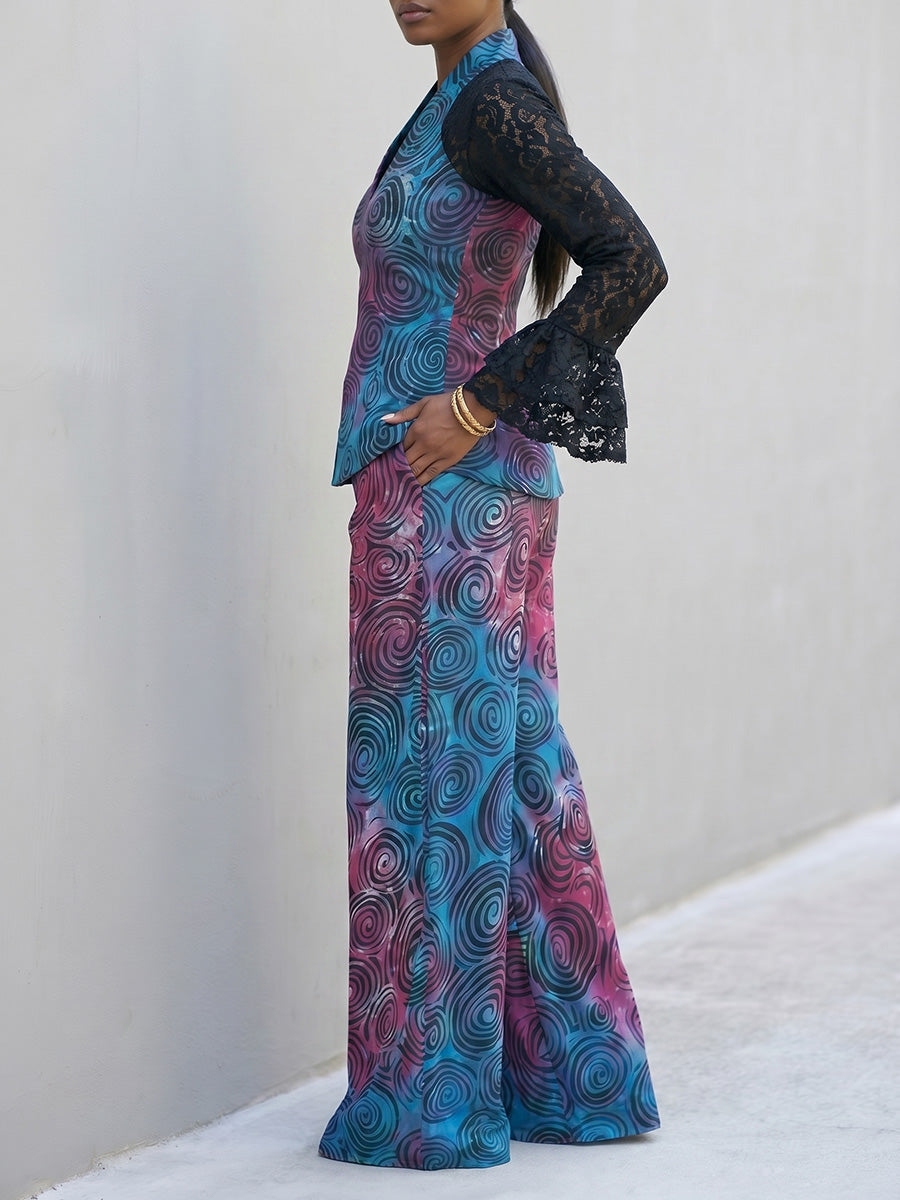 High Waisted Loose Contrast Color Pockets Printed Pants Trousers