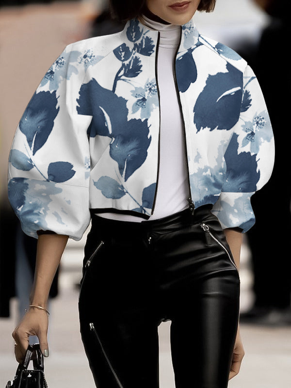 Loose Puff Sleeves Floral Printed Stand Collar Jackets Outerwear