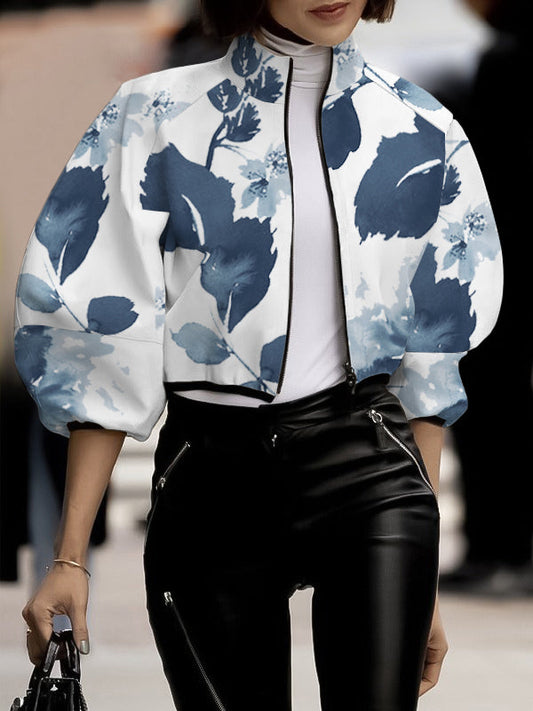 Loose Puff Sleeves Floral Printed Stand Collar Jackets Outerwear
