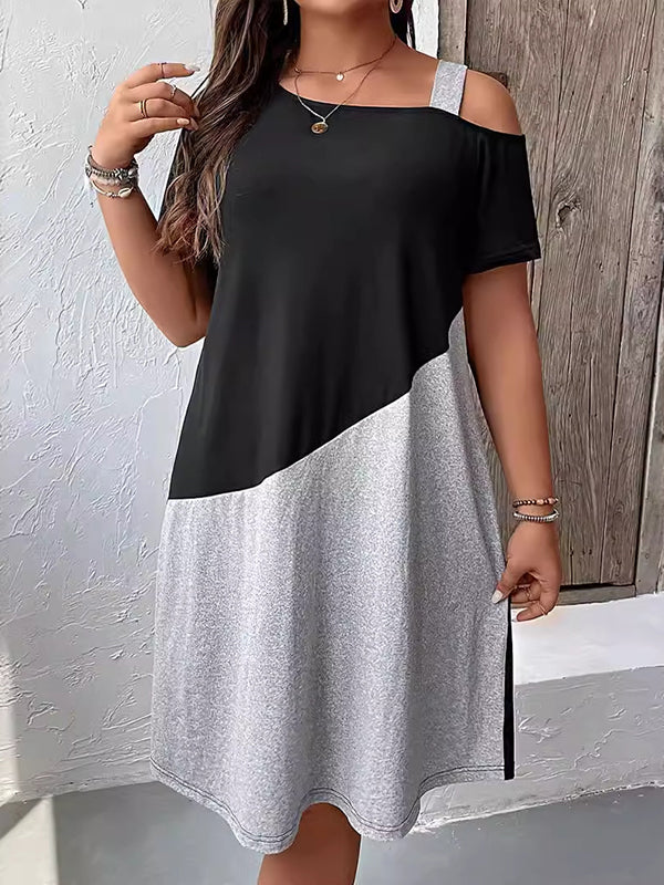 A-Line Loose Asymmetric Contrast Color Split-Joint Cold Shoulder Midi Dresses
