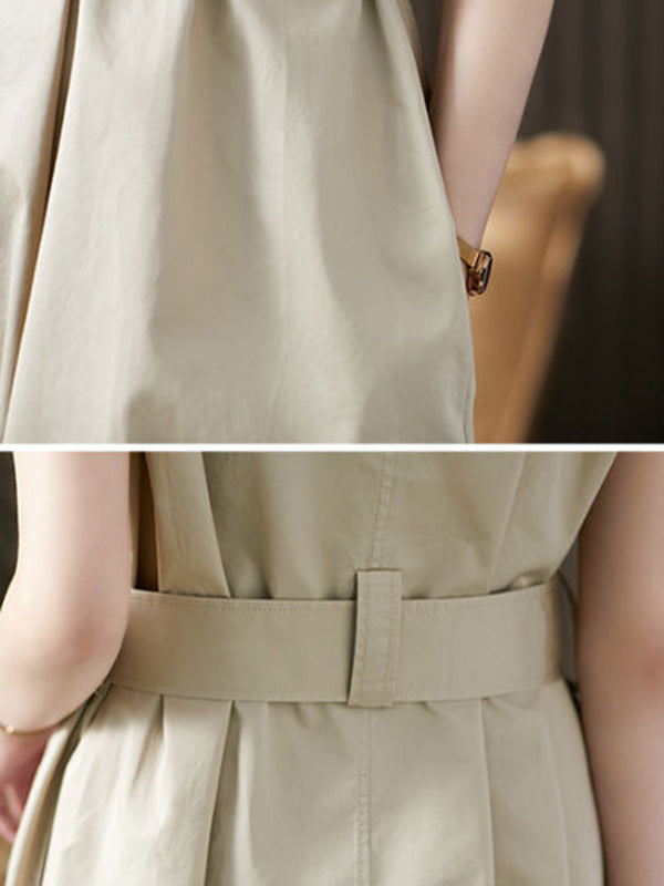 Plus Size Short Sleeves Bandage Solid Color Lapel Midi Dresses