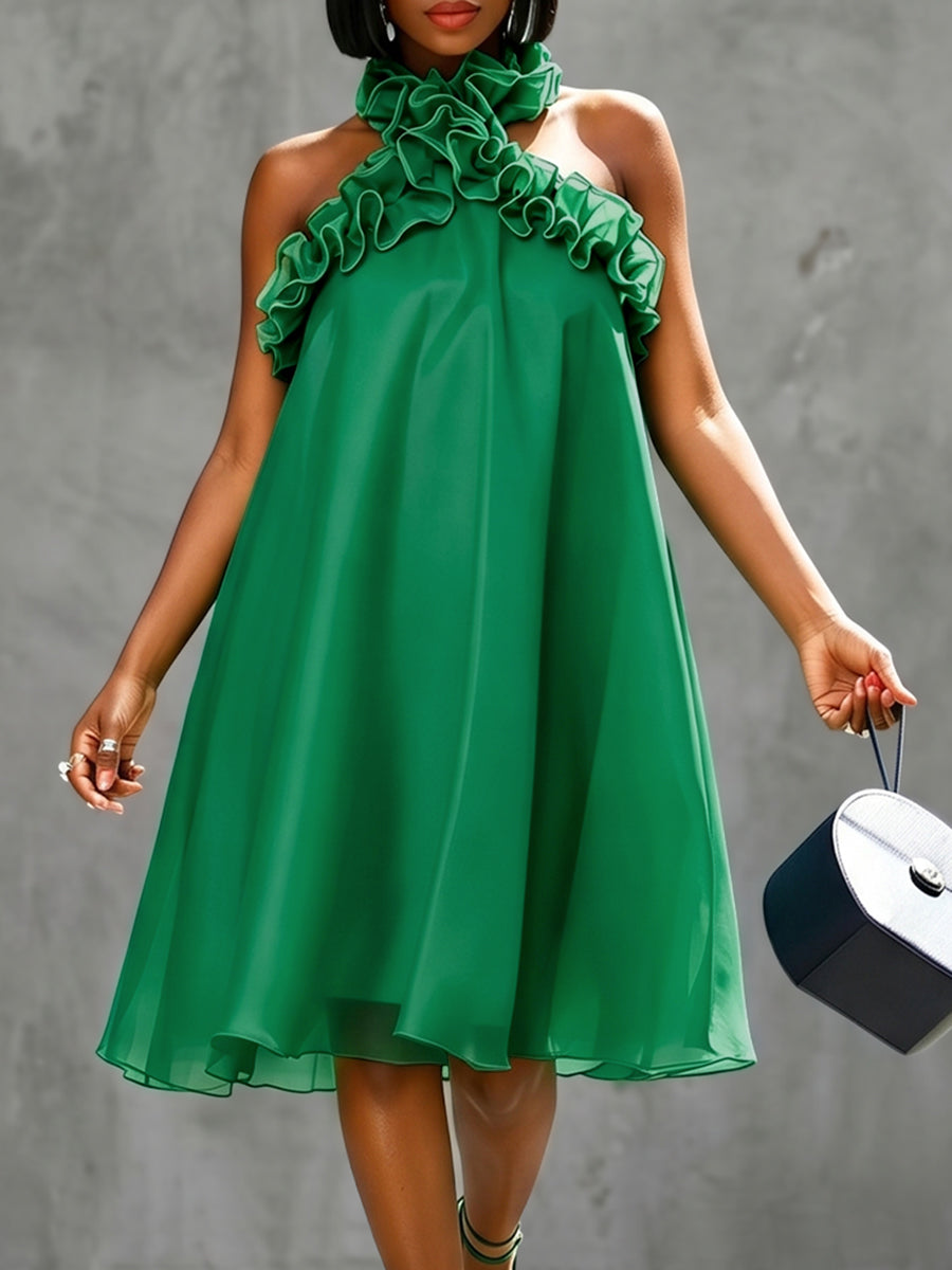A-Line Loose Backless Solid Color Split-Joint Halter-Neck Midi Dresses