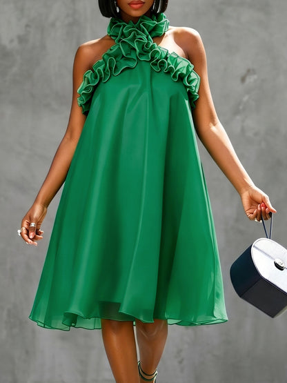 A-Line Loose Backless Solid Color Split-Joint Halter-Neck Midi Dresses