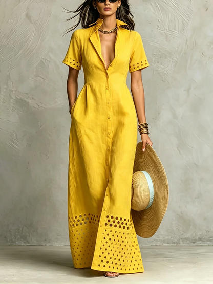 High Waisted Loose Buttoned Elasticity Hollow Pockets Solid Color Split-Front Lapel Maxi Dresses