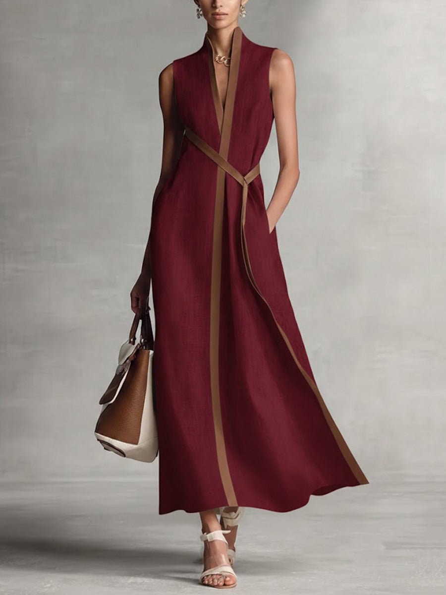 Loose Sleeveless Contrast Color Pockets Round-Neck Maxi Dresses