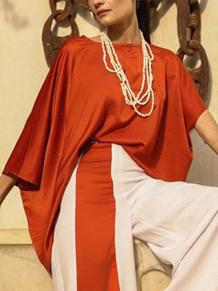 Batwing Sleeves Half Sleeves Solid Color Top + Contrast Color Wide Leg Pants Two Pieces Set