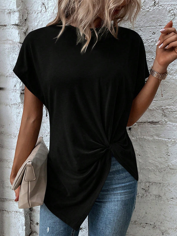 Batwing Sleeves Loose Asymmetric Pleated Solid Color Split-Joint Round-Neck T-Shirts