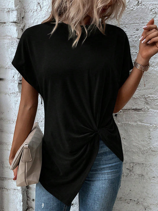Batwing Sleeves Loose Asymmetric Pleated Solid Color Split-Joint Round-Neck T-Shirts