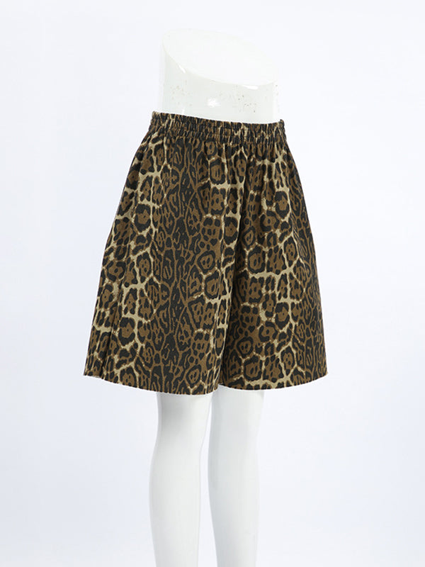 High Waisted Loose Elasticity Leopard Pockets Split-Joint Zipper Shorts Bottoms