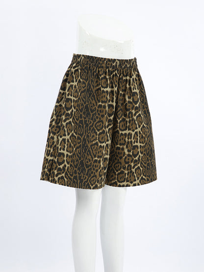High Waisted Loose Elasticity Leopard Pockets Split-Joint Zipper Shorts Bottoms