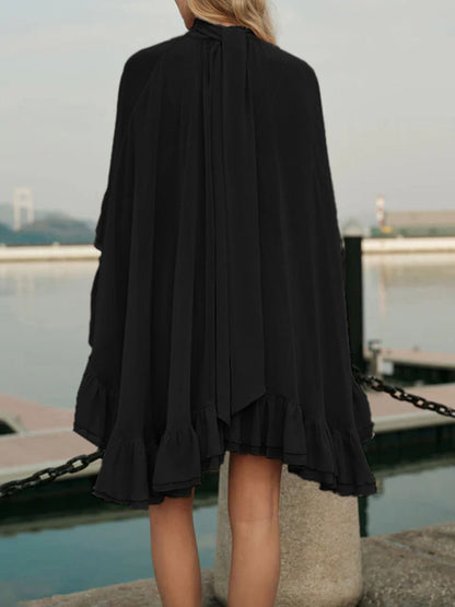 High Waisted Sleeveless Pleated Ruffled Solid Color Split-Joint Tied Mock Neck Mini Dresses Two Pieces Set