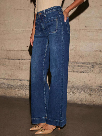 High Waisted Wide Leg Belt Buckle Split-Joint Jean Pants Bottoms