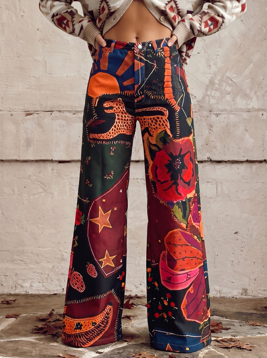 High Waisted Plus Size Buttoned Pockets Printed Pants Trousers