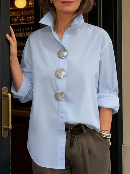 Long Sleeves Loose Buttoned Solid Color Split-Joint Lapel Blouses&Shirts Tops